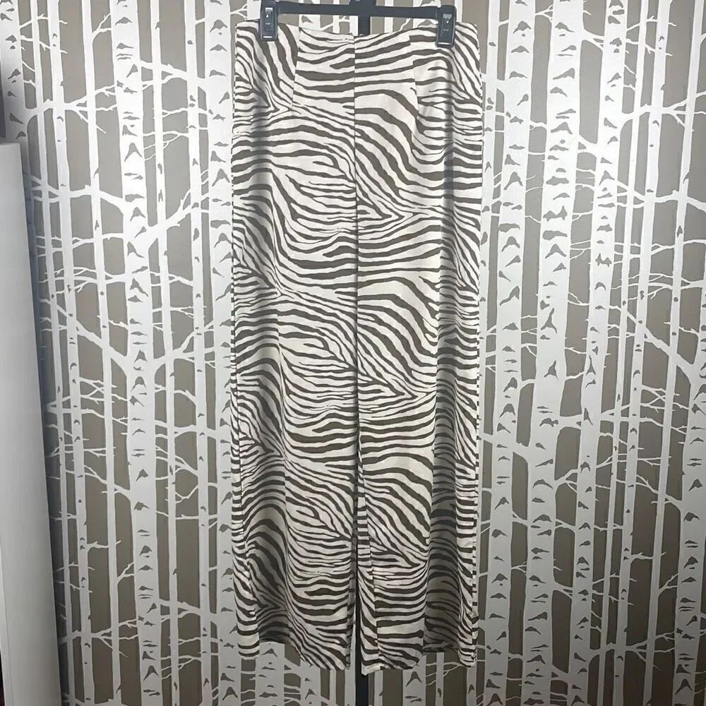Zebra Print High Waist Wide Leg Pants L Brown Ivory